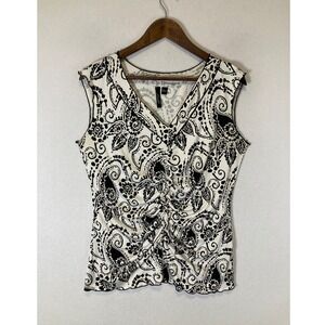 Boho Chic Essentials by Milano Women Large Black White Paisley Ruched V-Neck Top